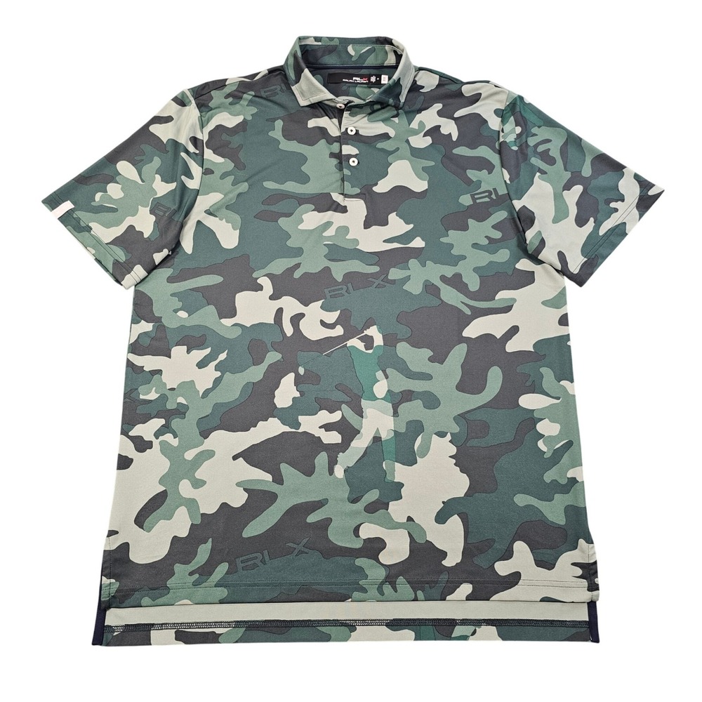 RLX Ralph Lauren Mens Green Camo Performance Golf Polo Shirt Size Medium